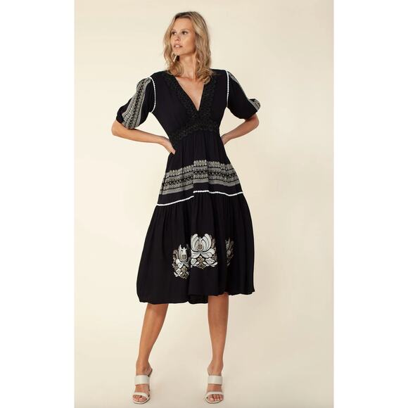 Hale Bob Ignia Midi Dress Black Boho Embroidered Size M - Picture 1 of 13